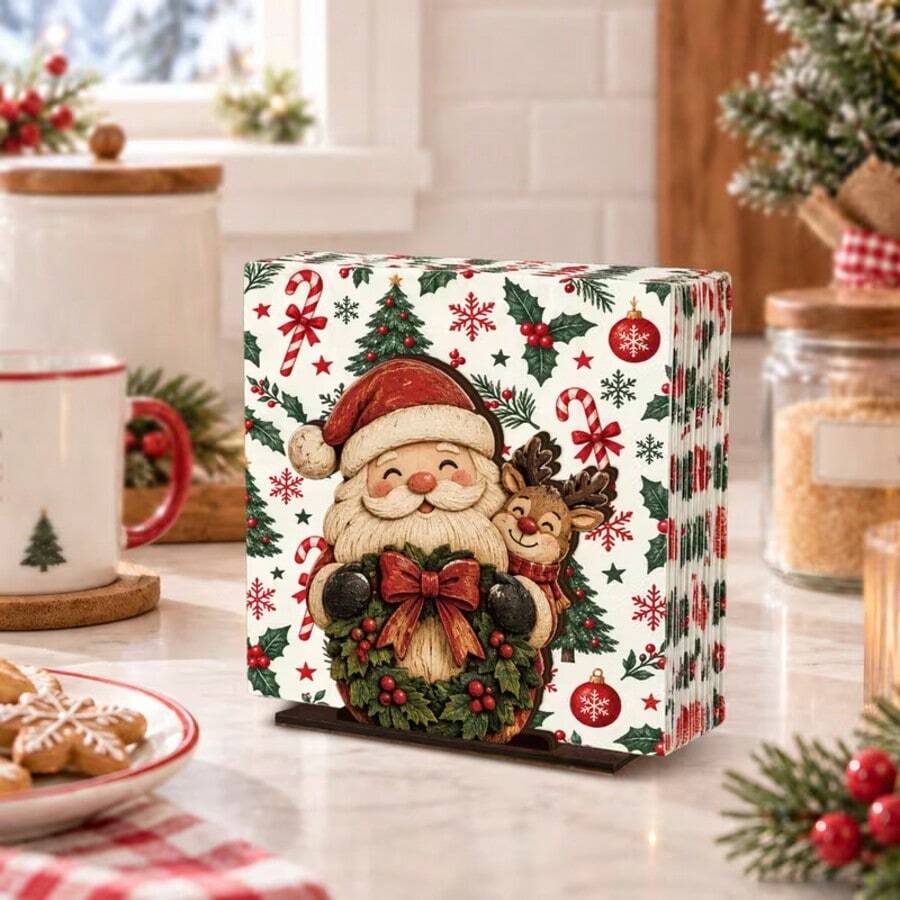 2D Flat Wooden Christmas Napkin Holder, Desktop Tissue Storage Base, Home Dining Table Fireplace Decor Ornament, Holiday Home Decor, Christmas Gift - Coffee Brown - View 1