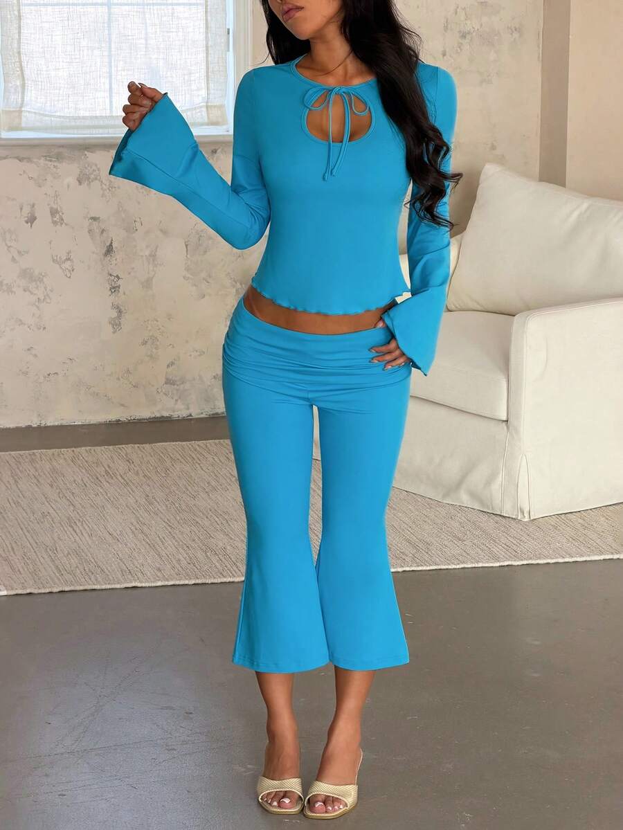 Solid Color Front Tie Flared Sleeve Top & Cropped Pants Set - Blue - View 1