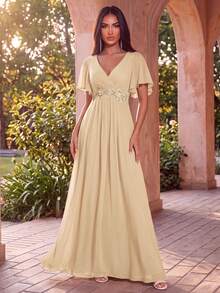EVERPRETTY Elegant V-Neck Embroidered Ruffle Sleeve Pleated Chiffon Bridesmaid Dress, Formal Dress, Wedding Guest Dress Spring - Champagne - View 2