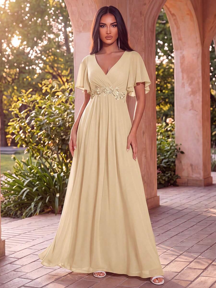 EVERPRETTY Elegant V-Neck Embroidered Ruffle Sleeve Pleated Chiffon Bridesmaid Dress, Formal Dress, Wedding Guest Dress Spring