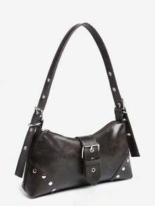 1pc PU Y2K Women's Vintage Distressed Soft Leather Motorcycle Bag With Rivet Buckle Decor, Wrinkled Cloud Design, One Shoulder Underarm Bag, Baguette Square Bag, Suitable For Work, Commute, Date, Party - Coffee Brown - View 2