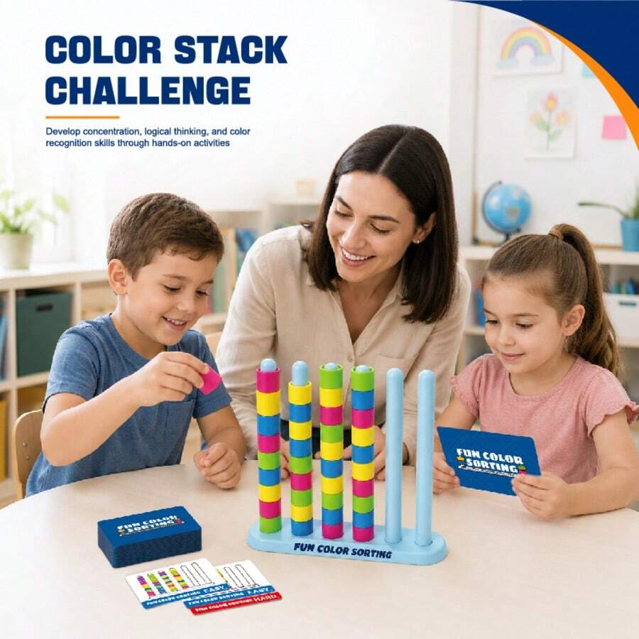 1pc Beaded Sorting Color Classification Puzzle Toy, Fine Motor Skills Game, With Challenge Cards, Easy/Hard Difficulty, 6-Rod Stacking Toy, Suitable For 3+ Years Old Children