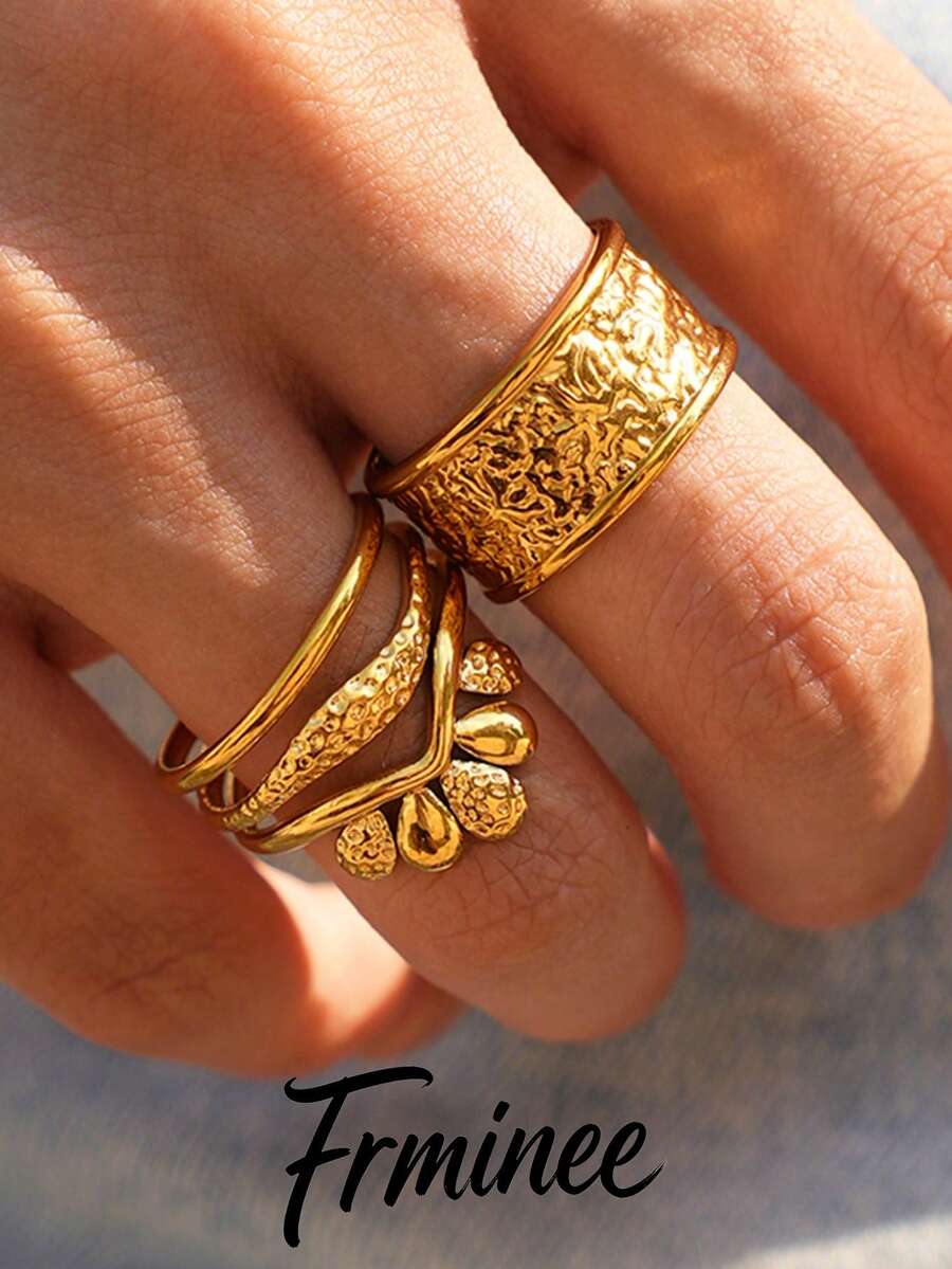 Frminee 2pcs/1pc Vintage Gold Jewelry Women's Stainless Steel Open Ring Set, Bohemian Style Stackable Rings, Hammered Wide Exaggerated Rings, Suitable For Daily Wear, Evening Party, Valentine's Day Gift, Mother's Day, Christmas And As A Gift For Women - Multicolor - View 1