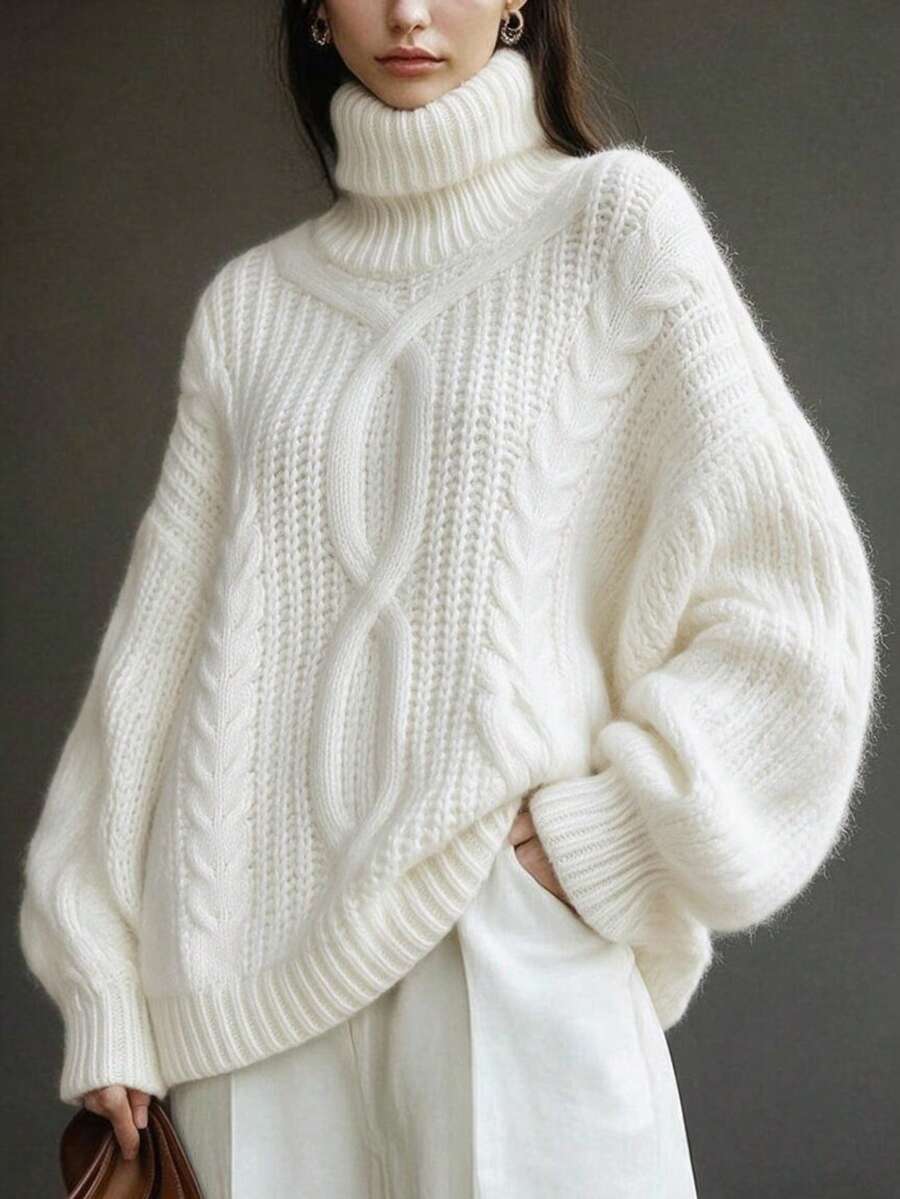 Women's White Cable Knit Turtleneck Balloon Sleeve Oversized Chunky Knit Pullover Sweater, Casual Lazy Style Fall Winter Daily Wear - Off-white - View 1