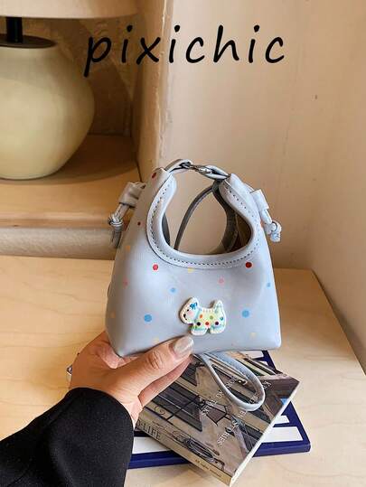 Bolso de mano con estampado de lunares y parche de cachorro de dibujos animados 3D, correa bandolera delgada desmontable, Body compacto que puede almacenar lápiz labial y otros artículos personales pequeños, cierre con cordón, estilo fresco y lindo de mini bolso cubo, dos formas de llevar: de mano y bandolera, adecuado para compras diarias, para chicas que gustan de atuendos juguetones y enérgicos, suave y juvenil, bolso pequeño versátil y exquisito de nicho