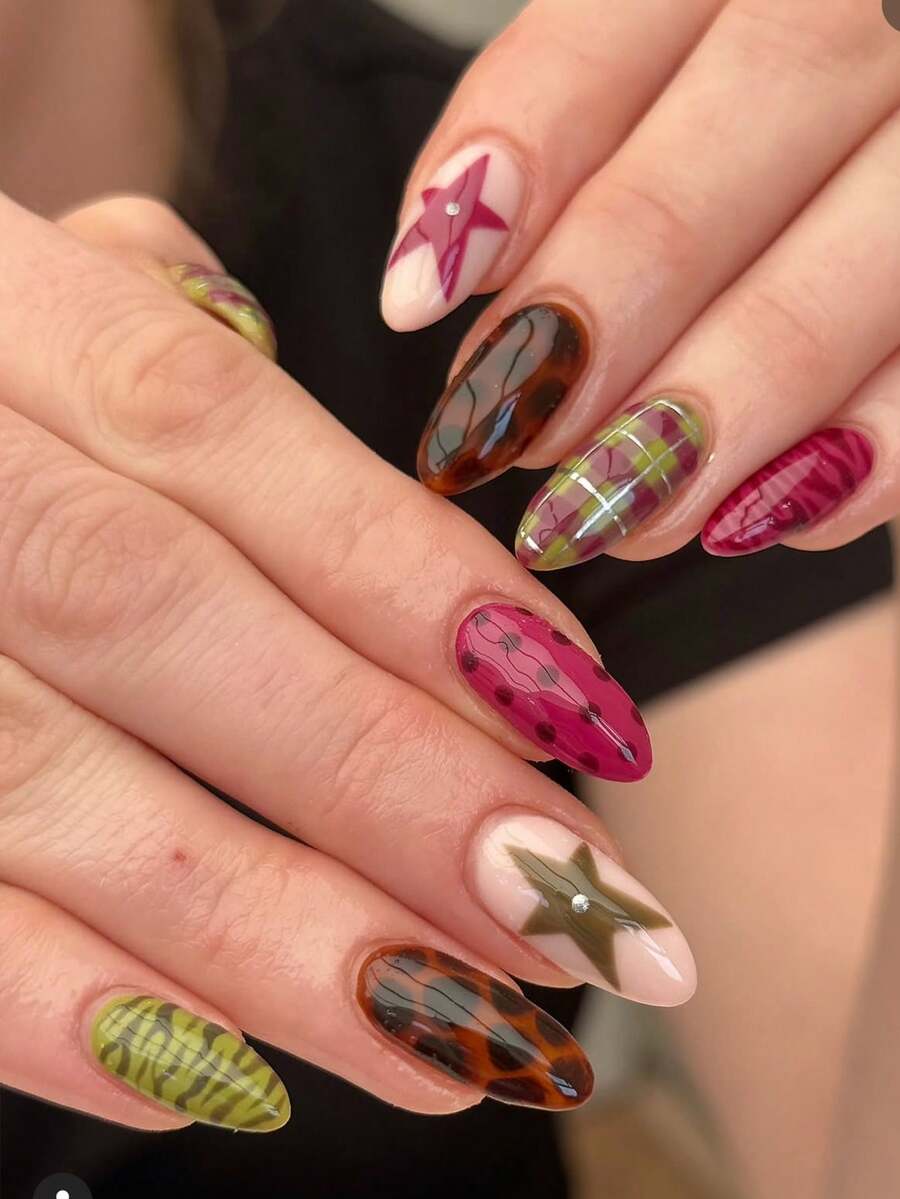24Pcs Medium Almond Press On Nails, Fall Y2K Maillard Retro Nails, Tortoise Shell, Plaid & Tiger Print, Magenta Polka‑Dot With Star Rhinestones, For Thanksgiving Christmas Holiday Party - Brown - View 1