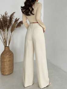 Women's Elegant Woven Straight Leg Pants With Button And Zipper Details, Creating A Stylish Vintage Look - Beige - View 5