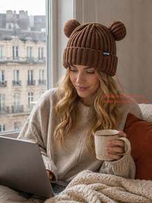 Women's Ribbed Knit Winter Hat With Decorative Pom Pom, Thick Folded Cuff Warm Knit Hat With Label Detail, Soft Warm Headwear, Suitable For Daily Outdoor Activities, 3 Colors Available - A - View 11