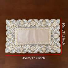 100% Polyester Vintage Luxury Rectangular Table Runner, Soft Base Fabric With Sheer Mesh, Full Floral And Leaf Embroidery, All-Around Hollow Lace Edge, Double Layer Tablecloth, Suitable For Bridal Breakfast Table, Country Cottage Kitchen Decor - Light Brown - View 9