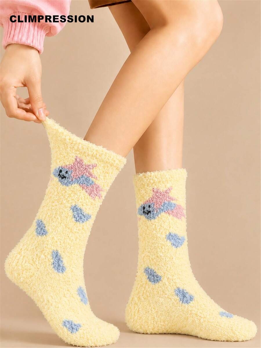 CLIMPRESSION Women's Yellow Fuzzy Socks, Cute Cartoon Circle & Star Print Coral Fleece Mid-Calf Socks, Warm Soft Fluffy Winter Home Sleep Floor Socks - Gold - View 1