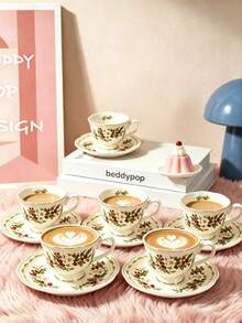 1 Set 90ml Vintage Holly Berry Ceramic Coffee Cup & Saucer, Microwave And Dishwasher , Espresso, Arabic Coffee Cup, Saudi Coffee Cup, Suitable For Afternoon Tea, Cafe, Kitchen, Perfect Gift - Multicolor - View 10