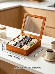 1pc Wooden 9-Compartment Tea Bag Storage Box, Divided Tea Bag Organizer, Multi-Slot Tea Storage Rack, Suitable For Kitchen Countertop Coffee Station, Home Decor, Housewarming Gift - Brown - View 11