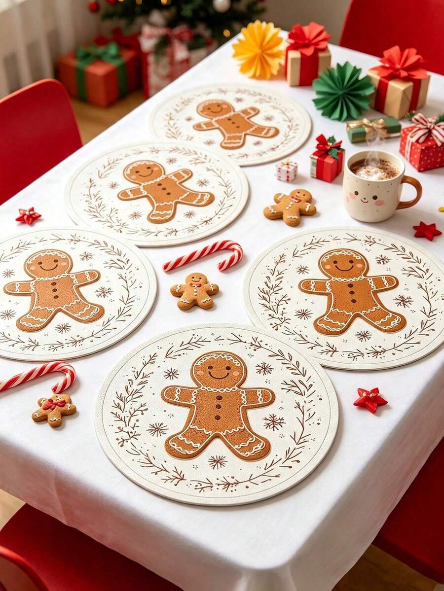 8pcs/Set Christmas Gingerbread Man Placemats, Table Center Decor Coasters. Ideal For Christmas Parties, Christmas Tree Decorations, Theme Parties, New Year, Party Favors, Holiday Gatherings And Festive Scene Decor. - One Size Fits All - View 1
