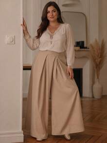 Plus Size Women's Solid Color Pleated Casual Versatile Daily Wear Wide Leg Pants - Apricot - View 6