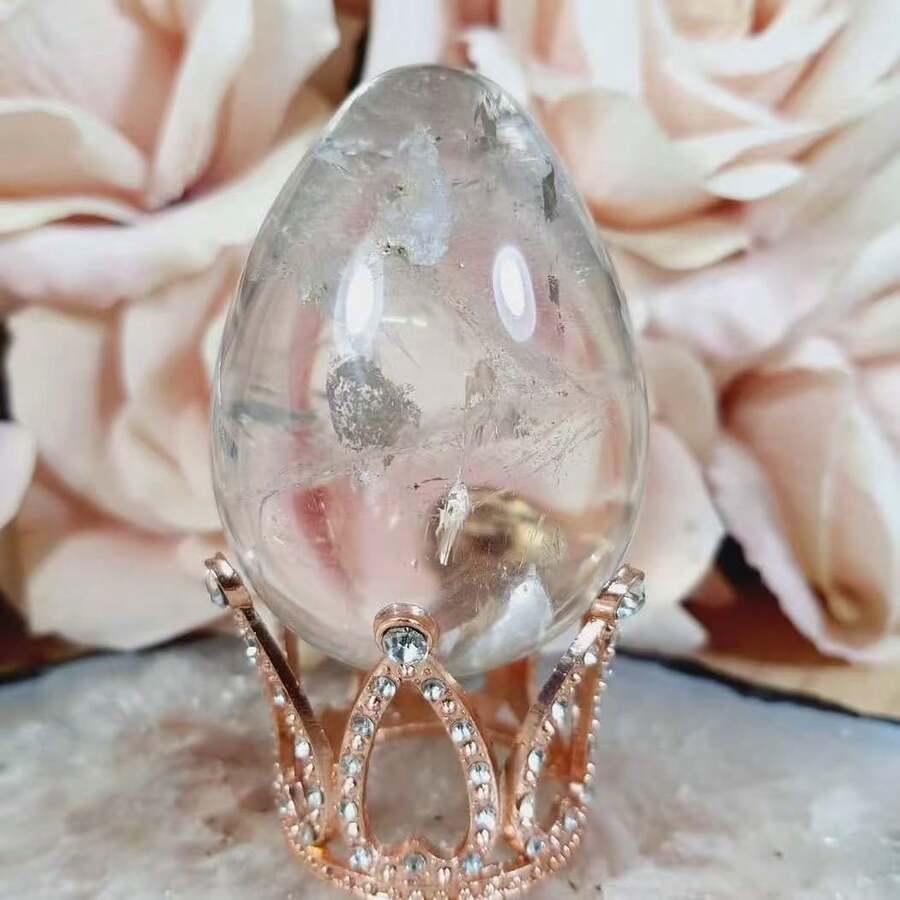 1PC Natural White Clear Quartz Crystal Egg, Egg Shaped Polished Crystal, Crystal Collection Decor, Perfect Graduation & Holiday Gift - White - View 1