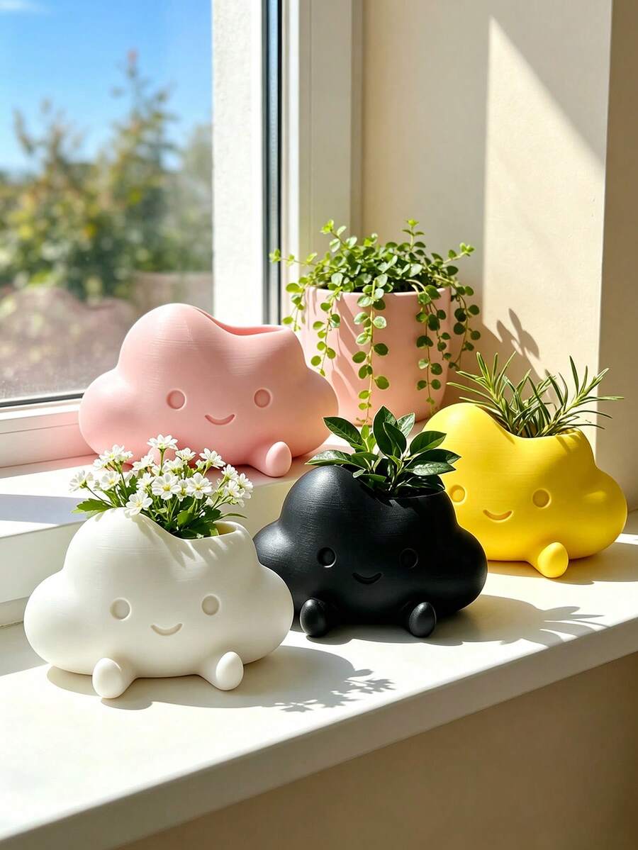 Cute Cloud Expression Planter, Full And Soft Contour, With Small Short Legs, Suitable For Indoor Small Potted Plants, Fresh Color Palette, Combines Planting And Desktop Decoration
