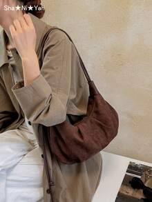 女款復古紋理大容量腋下包，2026新款極簡通勤天鵝絨餃子包，單肩斜挎包，秋冬款 - 咖啡棕 - 查看 3