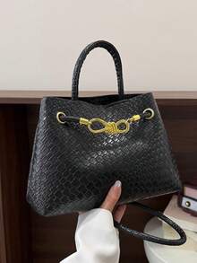 Dedoo 1pc Lightweight Square Woven PU Bag, Shoulder Crossbody, Buckle Vintage Metal Strap, College Students Office Workers, Work Business Commute Travel - Black - View 12