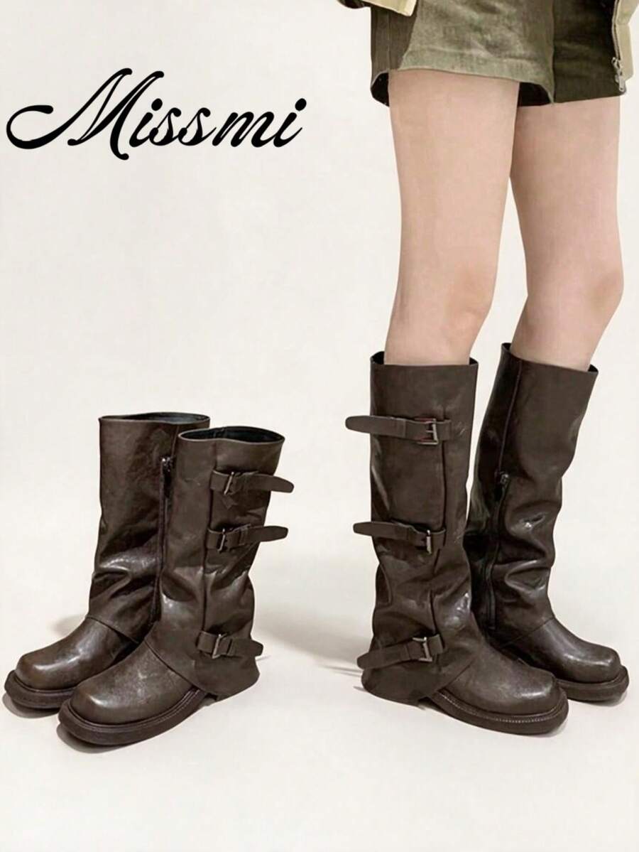 Botas occidentales de suela gruesa con hebilla para mujer, botas arrugadas y holgadas hasta la pantorrilla para otoño/invierno - Marrón - Ver 1