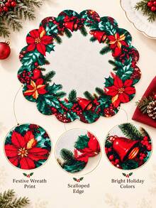 1-10pcs Christmas Linen Round Placemat & Trivet, Scalloped Edge Poinsettia Wreath Bell Holly Berry Printed Heat Insulation Table Mat, Festive Holiday Dining Kitchen Decor - Placemat - View 9