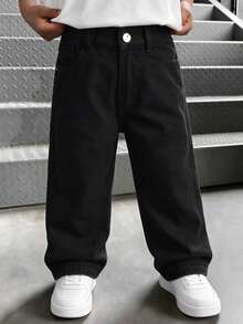 Young Boy Street Style Medium Wash Adjustable Waist Distressed Denim Jeans - Black - View 12
