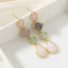 Women Golden Long Drop Earrings, Colorful Synthetic Zirconia Decor, Stylish Wedding Accessory & Jewelry Gift - Multicolor - View 2