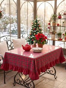 1pc Red Background Green & Black Plaid Tablecloth, Christmas Holiday Style Fabric Material, Rectangular With Scalloped Hem Design, Decorative Tablecloth For Christmas And Winter Home Decor - Red - View 5