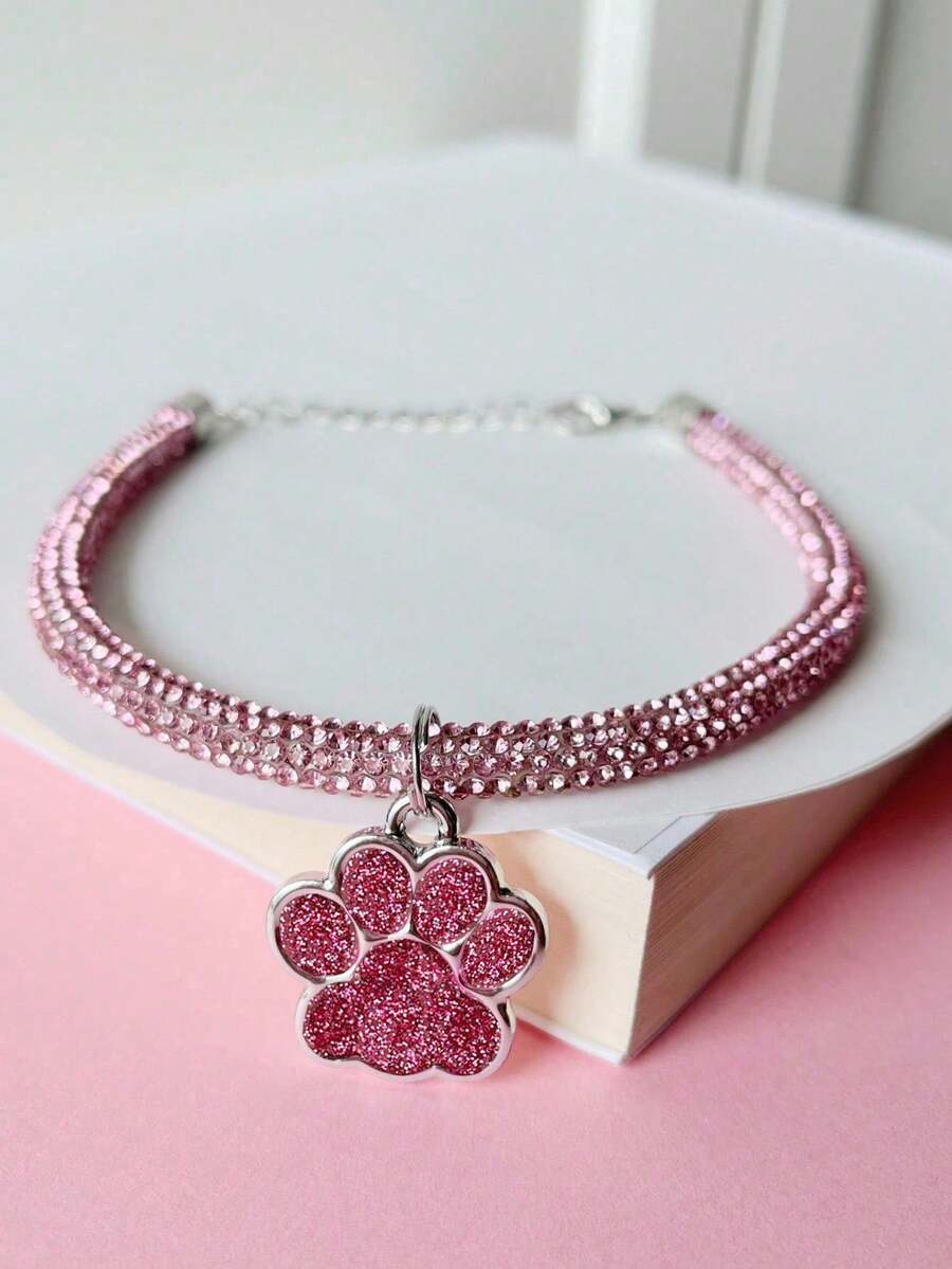 1pc Paw Print Pendant Necklace, Adjustable Comfortable Wear, Claw-Set Oil Drop Alloy Pendant, Rhinestone Round Tube Chain Shiny, Luxurious Casual, Exquisite Versatile, Suitable For Cats And Dogs - Pink - View 1