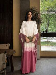 Hafizah Women's Silk-Like Gradient Color Dress, White To Pink-Purple Gradient Long Robe With Tassel Trim, Suitable For Elegant Occasions, Red Autumn Style - Red - View 4