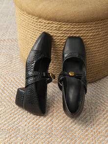 Sepatu Mary Jane Wanita Model Colorblock Buatan Tangan dengan Hak Rendah, Sepatu Kulit Super Lembut dengan Hak Tebal, Nyaman untuk Berpergian, Sepanjang Musim - Hitam - View 7