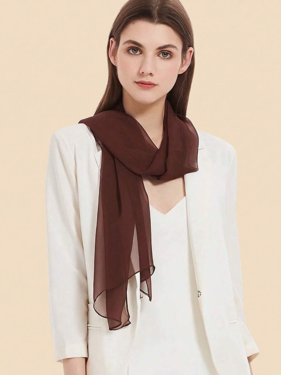 A Women's Classic Solid Color Chiffon Scarf For Spring, A Multi-Functional Silk Scarf - Coffee Brown - View 1