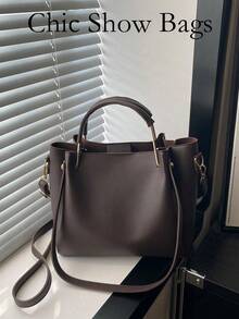 Quiet Luxury Solid Color Minimalist Handbag, Ruched Shoulder Bag, Multifunctional Tote Bag, Crossbody Bag, Buckle Detail, Adjustable Strap, Gift - Coffee - View 2