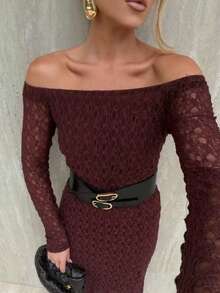 Elegant Women's Burgundy Cold Shoulder Knit Lace Long Sleeve A-Line Flared Dress, Perfect For Parties Or Formal Occasions, Slimming Formal Style - Burgundy - View 2