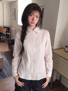 Autumn New Korean Style Square Shoulder Long Sleeve Striped Single-Breasted Shirt, Women's Professional Outfit - Pink - View 4