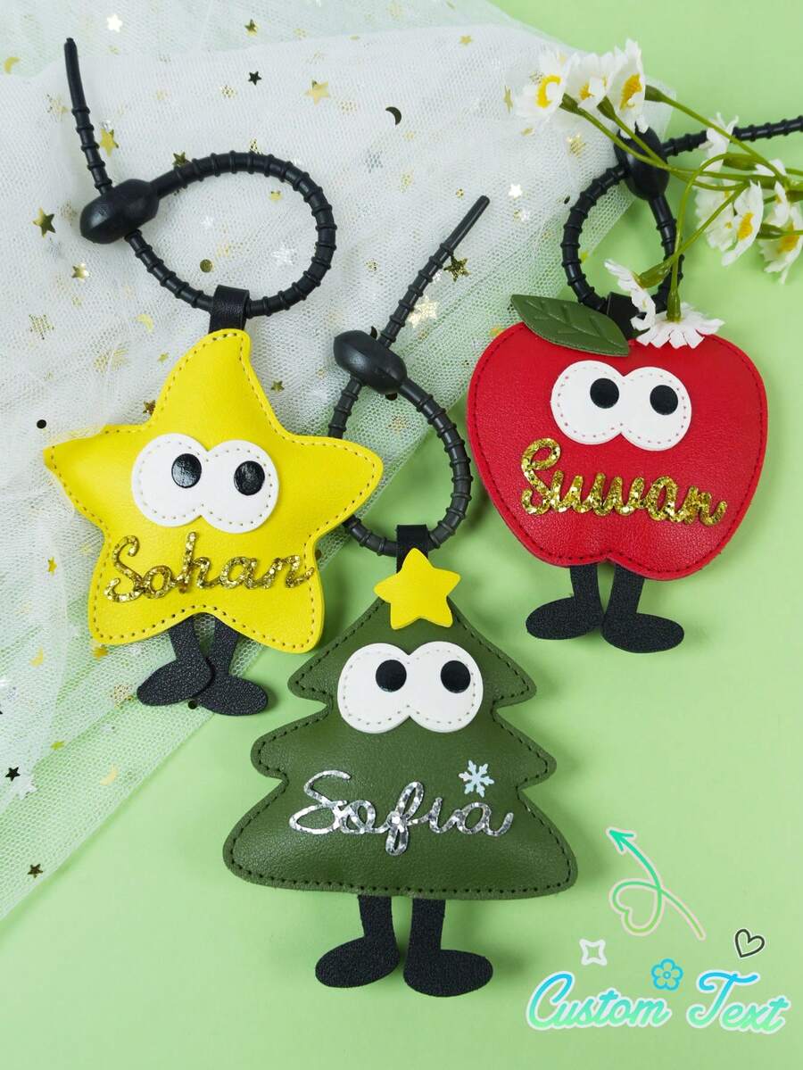 1pc Customized Name Christmas Tree Apple Keychain, Creative Christmas New Year Cute Cartoon PU Leather Pendant Keychain, Children's Baptism Decoration Christmas Gift