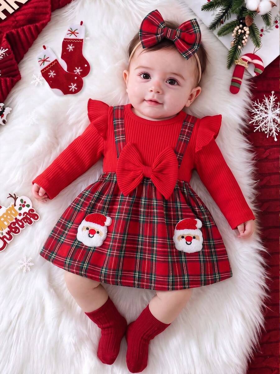 Baby Girls Christmas Ribbed Ruffle Bow Santa Claus + Bow Hair Scrunchie - Red - View 1