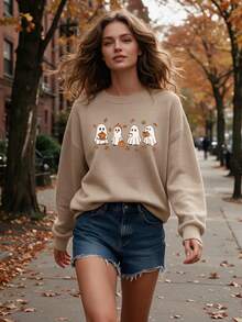 Plus Size Women Cute Ghost Pumpkin Maple Leaf Print Long Sleeve Faux Sweater, Women Halloween Costume, Women Autumn Outfit, Suitable For Halloween Street Daily Party - Camel - View 4