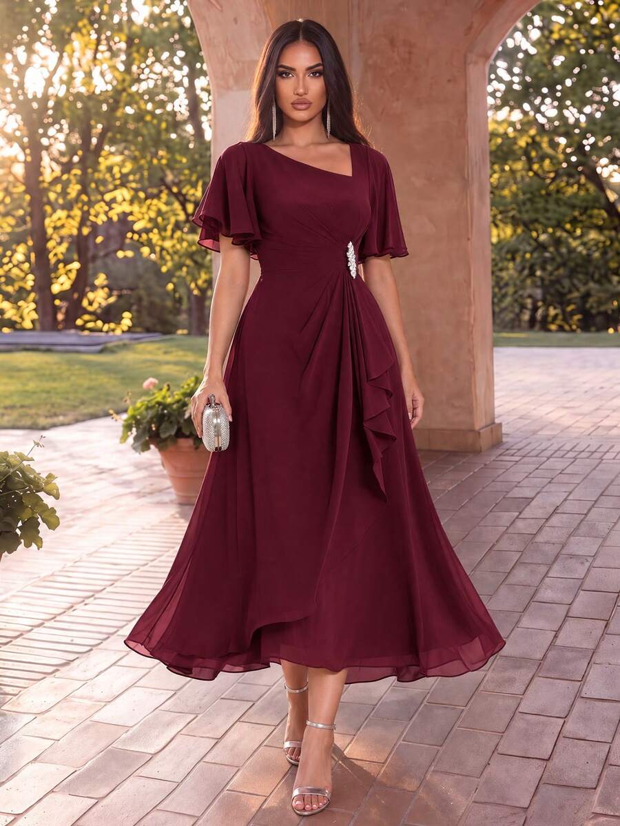 EVERPRETTY Elegant V-Neck Long Burgundy Bridesmaid Dress, Semi-Formal Wedding Guest Gown, Spring/Summer, Suitable For Parties - Burgundy - View 1