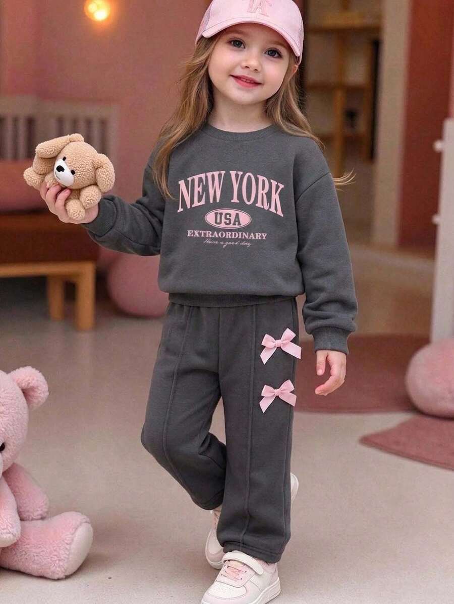 Tween Girl Letter Print Crew Neck Sweatshirt And Bow Decor Long Pants - Dark Grey - View 1