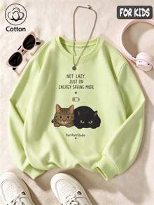 Cotton Girls' Crewneck Pullover Sweatshirt, Autumn Winter Loose Fit,Two Cats Print, Cute Sweet Girly Preppy Style - Pinkish Green - View 2
