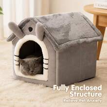 Rumah Hewan Peliharaan Berbentuk Vila Kartun Abu-abu, Sarang Hangat Tertutup yang Dapat Dilepas dan Dicuci, Tempat Tidur Gua Universal Empat Musim untuk Anjing dan Kucing Kecil - Grey - View 7