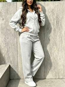 Autumn Fashion Plus Size Women's New Solid Color Casual Sporty Chic Top & Loose Elastic Waist Long Pants 2 Pieces Set, Slimming And Flattering, Suitable For Workout, Running, Airport Outfit, Home Wear, Effortless Stylish Comfortable Travel Winter Clothing - Light Grey - View 6
