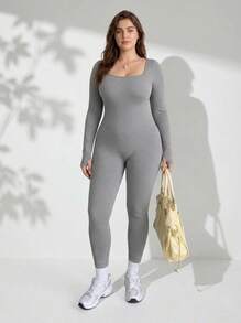 Rosiemei 1pc Plus Size Women Seamless Long Sleeve Corset, U-Neck With Finger Loop Cuffs,Tummy Control And Butt Lift - Grey - View 2