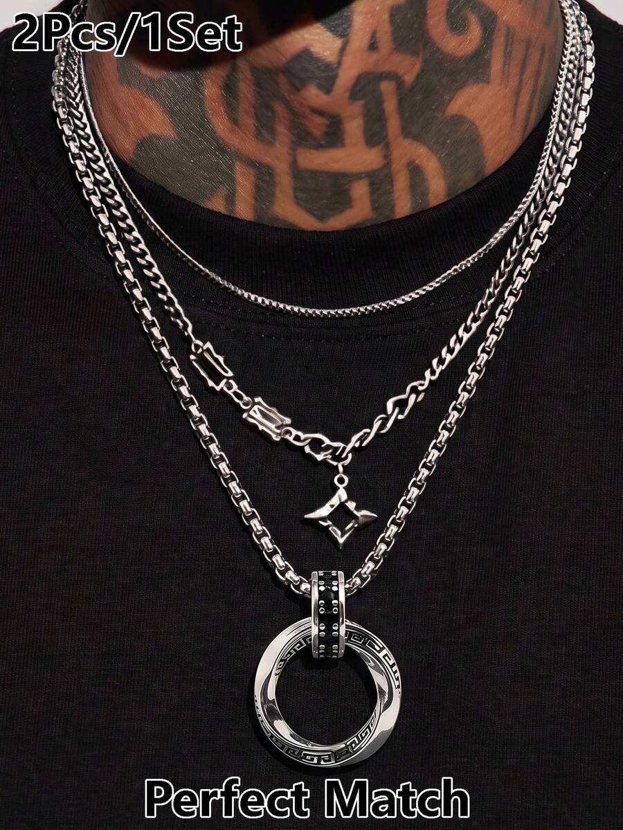 Set Kalung Pria 2 Buah, Set Kalung Liontin Bintang Geometris CZ Bertatahkan Stainless Steel yang Modis dan Dapat Dipersonalisasi, Cocok untuk Pemakaian Sehari-hari dan Pesta - MultiWarna - View 1