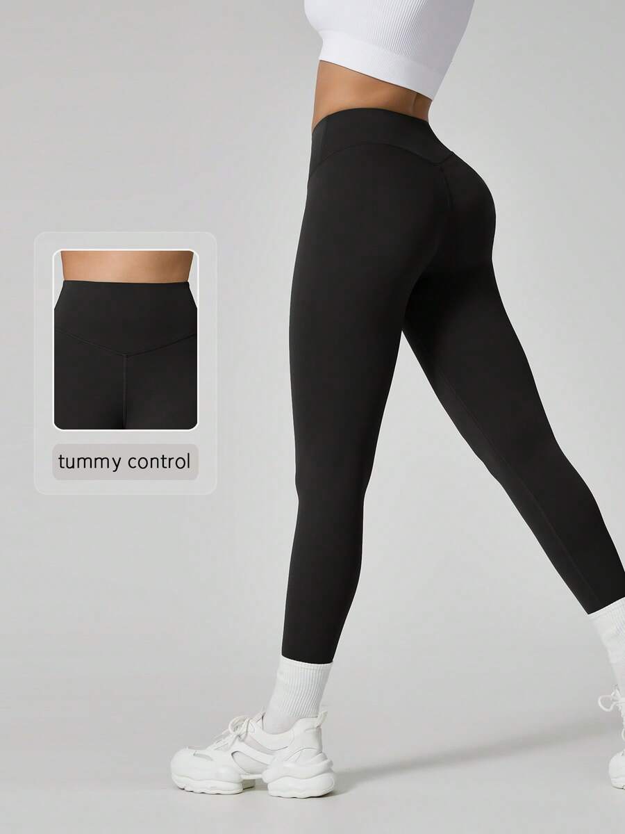 NcmRyu Women's 1pc Solid Color High Waist Minimalist Butt-Flattering Tummy Control Running Workout Leggings, Autumn/Winter - Black - View 1