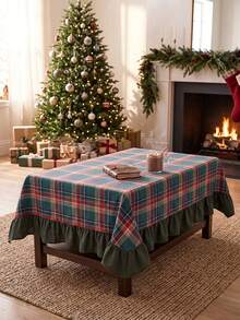 1pc Red & Green Plaid Pattern Tablecloth, Classic Traditional Style, Fabric Material, Rectangular With Ruffled Edge, Decorative & Protective For Home Long Table, Suitable For Christmas Holiday Celebration & Dining Scenes - Green - View 3