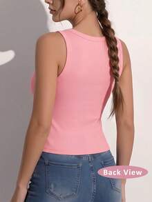 Soft Elastic Ribbed Fitted Tank Top With Fixed Chest Pads, U-Neck, Wide Straps, Daily Layering Innerwear For Women - Pink - View 5