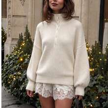 Women's Plus Size Knit Turtleneck Sweater, Button Decor Long Sleeve Winter Top - White - View 9