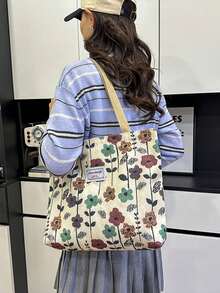 Large Capacity Niche Shoulder Bag Women's New Style Ins Canvas Tote Bag Handbag For School And Commuting, Canvas Printed Material - White - View 4