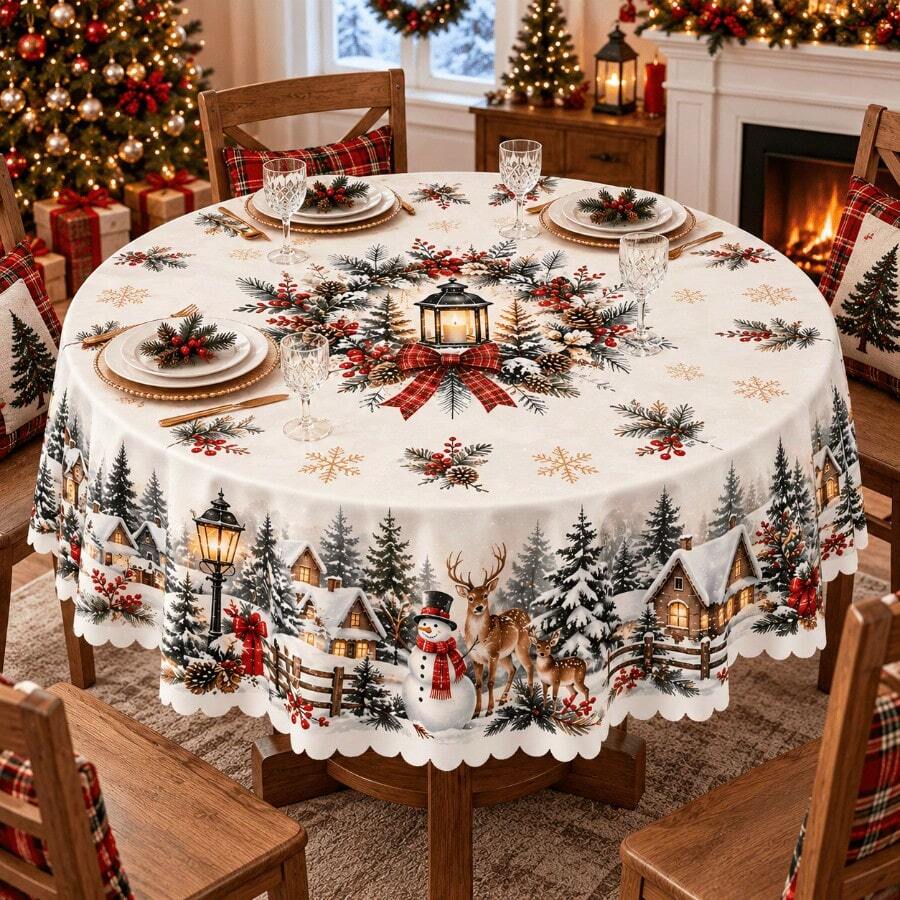 1 Circular Tablecloth, Christmas Polyester Table Cover, Suitable For Holiday Dining Decoration In Homes, Kitchens, Christmas Dinners, And Seasonal Gatherings, With Various Styles And Sizes To Choose From - 15 - View 1
